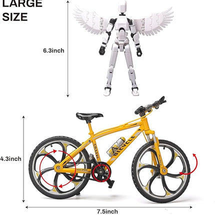 (Assembly Completed) T13 Action Figures, 6.3 Inch Big Dummy 13 Mountain Die-cast Mini Bike Model with Multi-Jointed Movable Lucky 13 Robot Toys Set(Yellow,White)