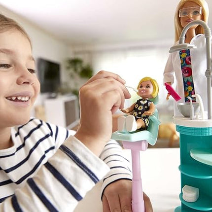 Barbie Careers Playset, Dentist Set with Brunette Fashion Doll, 1 Blonde Toddler Small Doll, Furniture & Accessories