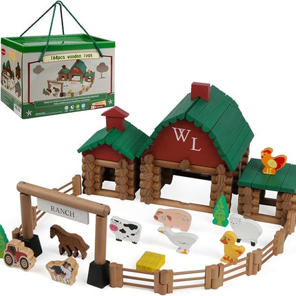 Wondertoys 164 Pcs Wooden Log Set Ranch Real Wood Logs Classic Building Log Ages 3+ Best Retro Farm Building Gift Set Creative Construction Engineering Educational Gifts