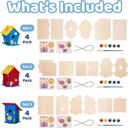 Neliblu DIY 12 Wooden Bird House Kits - Creative Arts and Crafts Set for Kids and Adults - Unfinished Wood Birdhouses with Paint Strips, Brushes, Stickers and Strings - 3 Unique Shapes, 2 Sizes