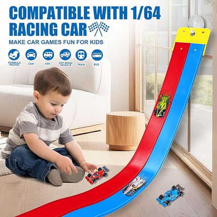 Flexible Race Track Toys for Kids, 15 Ft Double Lane Racetrack with 4 Cars & Suction Cups, Compatible with Hot Wheels & 1/64 Diecast Cars, Portable Roll Up Car Ramp Track Set for Ages 3+(Red & Blue)