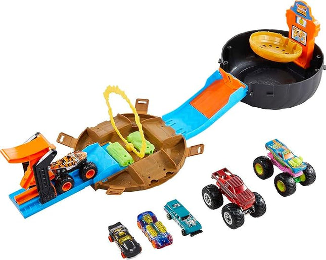 Hot Wheels Toy Monster Trucks Playset, Tire-Shaped Case Transforms into Race Course, 3 Trucks & 4 Cars in 1:64 Scale, Stunt Tire (Amazon Exclusive)