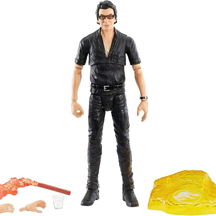 Mattel Jurassic World Amber Collection Dr. Ian Malcolm 6.5-inch Collectible Action Figure with Display Stand, Extra Pair of Swappable Hands, Flare and Water Cup Accessories; For Ages 4 and Up