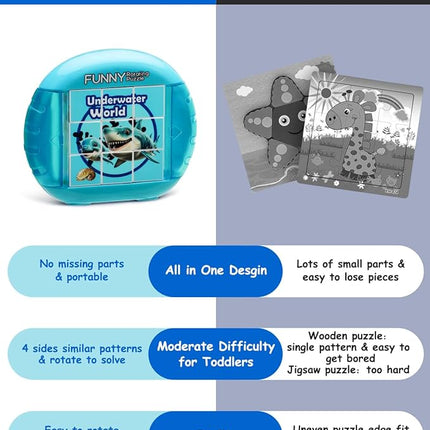 Rotating 3D Puzzle for Kids 3 4 5 6 7 Year Old, 4 Puzzles in 1, Handheld Game Fidget Toys for Travel, Cars & Plane, Fine Motor Skills Developing (Marine Life)
