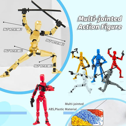 4Pack Assembled Titan T-13 Action Figures Set - Lucky Dummy Nova 13 Action Figure Robot Anime Stick Figures Fidget Toys for Boys Multi Movable Joints Gifts Toys for Kids (Golden+White+Blue+Red)