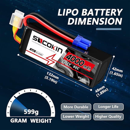 6S Lipo Battery 22.2V 4000mAh 80C Soft Case with EC5 Plug for RC Car RC Boat RC Racing Truck Helicopter Airplane 2 Pack