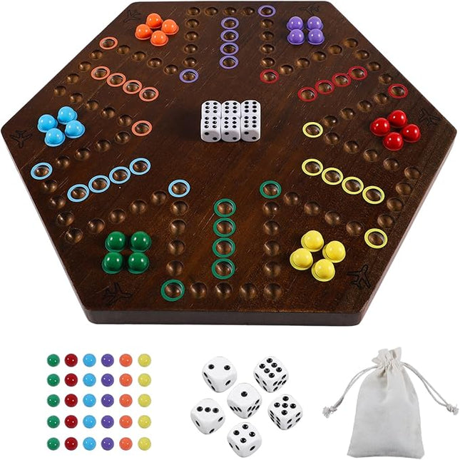 Wahoo Board Game Wooden Original Board Game Classic 2 Side Painted Fast Track Game for 4 Player and 6 Player with 30 Marbles,6 Dices for Family Game Night(Small,Flame)
