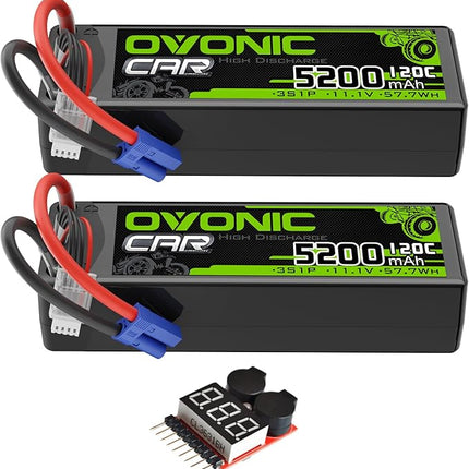 OVONIC 3S LiPo Battery 11.1V 5200mAh 120C with EC5 Plug for RC Car RC Truck Airplane Helicopter Boat Car Racing RC Hobby (2 Packs)(with Lipo Voltage Checker)