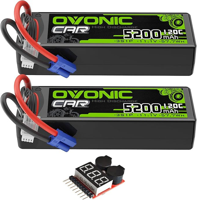 OVONIC 3S LiPo Battery 11.1V 5200mAh 120C with EC5 Plug for RC Car RC Truck Airplane Helicopter Boat Car Racing RC Hobby (2 Packs)(with Lipo Voltage Checker)