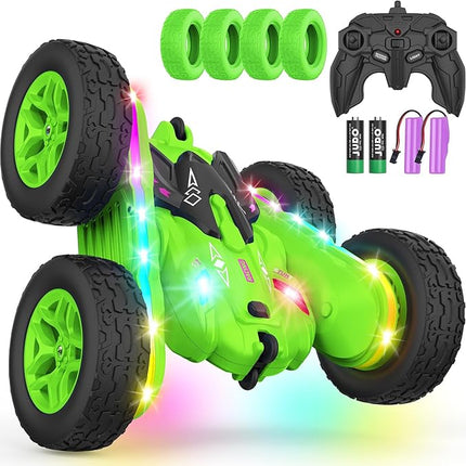 Remote Control Car, Rc Cars Stunt RC Car Toys Upgraded Strip Lights and Headlights Kids Toys Double-Sided 360° Rotating 4WD Drift Truck for Boys Girls Birthday Gift (Green)