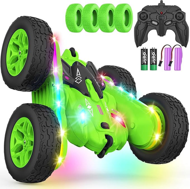 Remote Control Car, Rc Cars Stunt RC Car Toys Upgraded Strip Lights and Headlights Kids Toys Double-Sided 360° Rotating 4WD Drift Truck for Boys Girls Birthday Gift (Green)