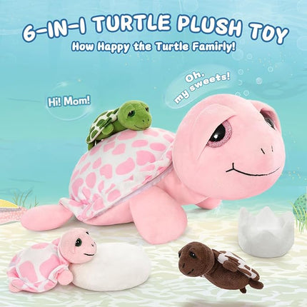 MorisMos Sea Turtle Stuffed Animal with Babies,14 in Mommy Turtle with 3 Baby Turtles Toys, 2 Plush Eggs inside Belly Pouch,Big-Eyed Stuffed Animal for Toddlers Kids,Pink Tortoise Gifts for Girls Boys