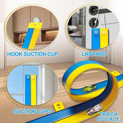 Flexible Race Track Toys for Kids 15 Ft with 4 Cars & Suction Cups, Portable Double Lane Racetrack Compatible with Hot Wheels & 1/64 Diecast Cars, Fun Car Ramp Track Set for Ages 3+(Blue & Yellow)
