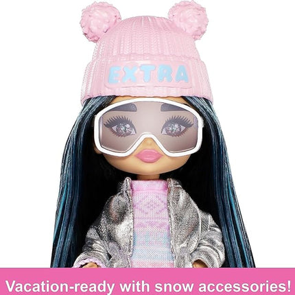 Barbie Extra Fly Minis Travel Doll, Snowy Look with Icy Blue Highlights in Pastel Sweater Dress & Accessories