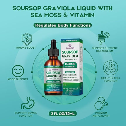 2 Pack Soursop Graviola Leaf Extract Liquid Drops Supplement with Irish Sea Moss & Turmeric for Cellular Support, Immune System Boost, Liver Health, Soursop Bitters Liquid 60-Day Supply 4 FL OZ