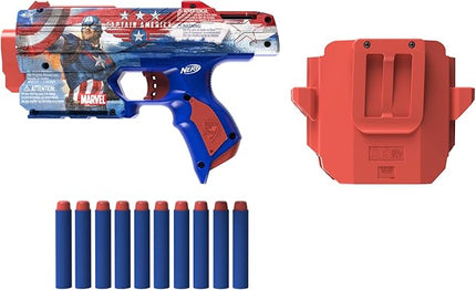 Nerf Marvel Captain America Dart Blaster, 10 Elite Darts, Holster, Toy Foam Blasters for 8 Year Old Boys & Girls & Up
