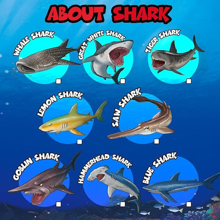 Yeonha Toys 8 Pack Shark Toys with Educational Booklet, Soft Plastic Realistic Shark Figure Set for Kid, Ocean Sea Animal Party Favor, Pool Bath Tub Toy for Toddler Child Boy Girl, Birthday Gift