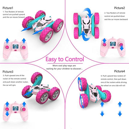 Remote Control Car for Girls Pink RC Car Double Sided 360°Flip Stunt Car with Headlights, Girl Princess Toys Rechargeable Toy Car for 6-7 6-8 9 10-12 Year Old Girls Birthday