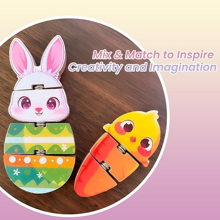 HUZU Easter Snap Builders, Easter Basket Stuffers Bunny, Carrot, Egg, Chick Wooden Puzzle Toy, Basket Essentials Take Apart & Mix Characters Kids Montessori STEM Fine Motor Skill