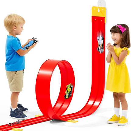 13 Ft Flexible Race Car Track Compatible with Hot Wheels and Diecast 1:64th Cars,Classic Long Rolls Up Portable Racetrack Roll Up Race Track, Birthday Gifts for Boys Girls Ages 3-12, Red