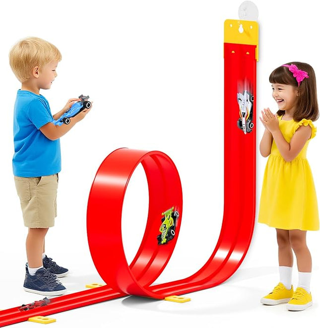13 Ft Flexible Race Car Track Compatible with Hot Wheels and Diecast 1:64th Cars,Classic Long Rolls Up Portable Racetrack Roll Up Race Track, Birthday Gifts for Boys Girls Ages 3-12, Red