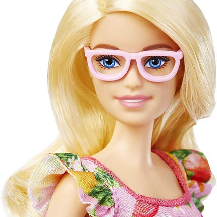 Barbie Fashionistas Doll, with Blonde Hair & Fruit Print Dress, Ruffled Sleeves, Orange Platform Heels, Pink Eyeglasses, Toy for Kids 3 to 8 Years Old