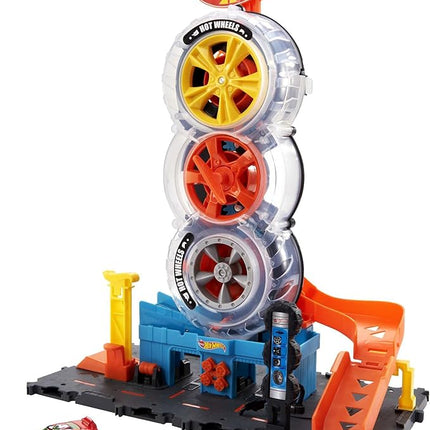 Hot Wheels City Super Twist Tire Shop Playset, Spin The Key to Make Cars Travel Through The Tires, Includes 1 Car, Gift for Kids 4 to 8 Years Old (Amazon Exclusive)