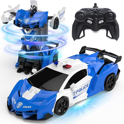 DEERC Transform Remote Control Car,2.4GHz Robot RC Cars,1:18 Scale Police Car Toy One-Button Deformation & 360° Rotating Drifting for Kids Boys Age 4-7 8-12 Birthday Xmas Gift