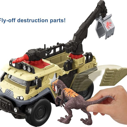 Mattel Jurassic World Dominion Capture & Crush Truck & Dino Playset with Velociraptor Action Figure, Vehicle Features Tranq Shooter, Crane & 2 Breakaways