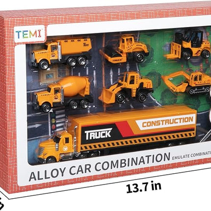 TEMI Diecast Engineering Construction Vehicle Toy Set w/Play Mat,Truck Carrier, Forklift, Bulldozer, Excavator,Dump Truck, Alloy Metal Car Toys Set for 3 4 5 6 Years Old Toddlers Kids Boys & Girls