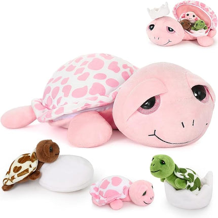 MorisMos Sea Turtle Stuffed Animal with Babies,14 in Mommy Turtle with 3 Baby Turtles Toys, 2 Plush Eggs inside Belly Pouch,Big-Eyed Stuffed Animal for Toddlers Kids,Pink Tortoise Gifts for Girls Boys