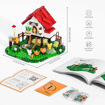 FUNWHOLE Farm Hen-House Lighting Building-Bricks Set - Farm Life Chicken Henhouse and Animal Collection LED Light Construction Building Model Set 323 Pcs for Adults and Teen