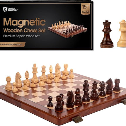Chess Set Magnetic - Premium Wooden Board Game with a Portable Wood Case and Secure Storage for Pieces, Set for Kids and Adults (Sapele Wood) - Chess Armory
