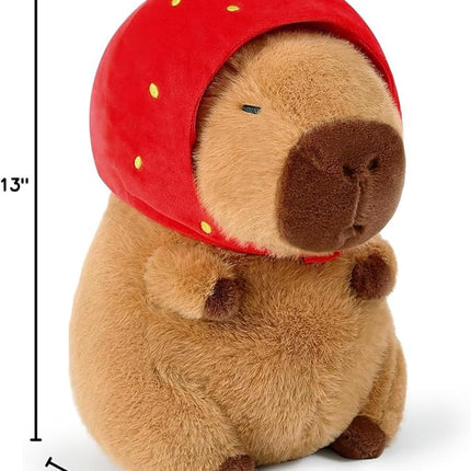 Ditucu Cute Capybara Plush Wear Strawberry Hat Soft Capibara Stuffed Animal Plushies Toys Hugging Gifts for Kids Brown 13 inch