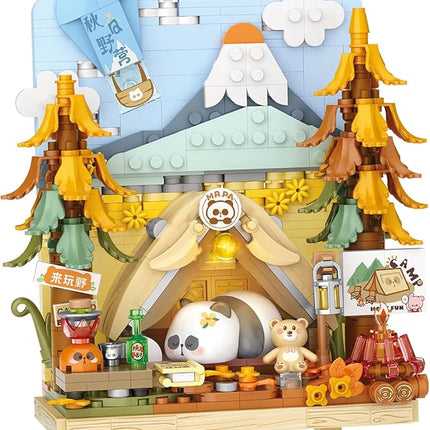 MEIEST Panda Mini Building Blocks Cute 3D Painting Model Set,Creative 4 Seasons' Views Collection Construction Building Bricks Toy,Home Decor (Autumn-Camping)