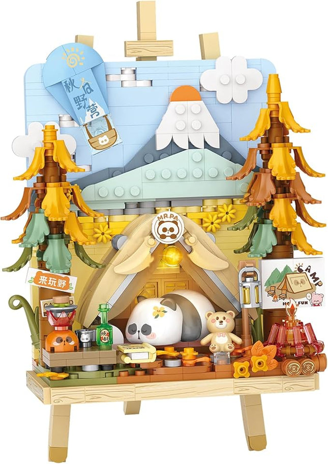 MEIEST Panda Mini Building Blocks Cute 3D Painting Model Set,Creative 4 Seasons' Views Collection Construction Building Bricks Toy,Home Decor (Autumn-Camping)