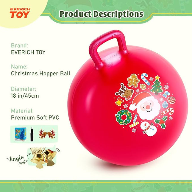 EVERICH TOY Hopper Ball for Kids 18In Sit On Bouncy Balls with Handle for Indoor Outdoor Active Play, Red Christmas Inflatable Boys Girls Gifts for 4 5 6 7 8 Years Old with Christmas Reindeer Ears