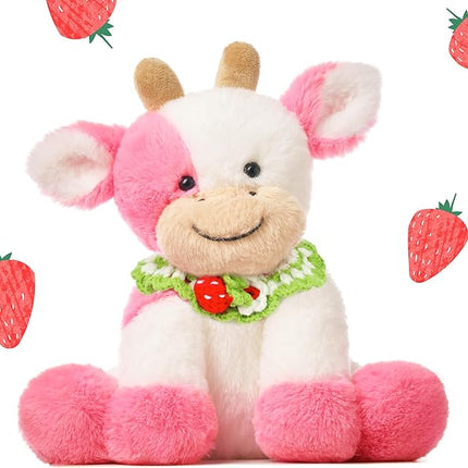 Hopearl Adorable Plush Cow Toy with Knitted Cute Strawberry Bib Floppy Dairy Cattle Soft Stuffed Animal Gifts for Boys Girls Kids Toddlers, Pink, 9''