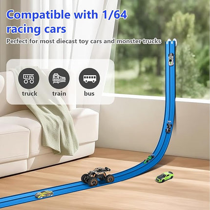 Flex Tracks 15 Ft for Kids, Flexible Race Car Ramp Track with Hot Wheels and Diecast 1/64th Cars, Double-Sided Racetrack with 2 Small Racecars, Toys Gifts for Age 3 4 5 6 7 Years Old Boys Girls Kids
