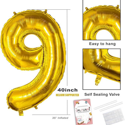 Smlpuame 40 inch Number Balloon 0-9 Gold Large Number 9 Balloons,Digital Balloons for Birthday Party Celebration Decorations Supplies, Helium Foil Number Balloons for Wedding Anniversary