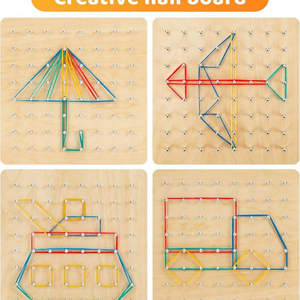2Pack Wooden Geoboard,Montessori Toy,Graphical Mathematical Education Toy for Kids with Pattern Cards and Rubber Bands to Figures and Shapes, Brain Teaser STEM Toy Geo Board.
