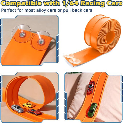 Upgrade Flexible Race Track for Hot Wheels Cars Flex Tracks for Kids 3+, 15Ft Race Car Track Compatible with Hot Wheels, Matchbox and Diecast 1/64th Cars, Roll Up Car Ramp Toy with Strong Suction Cups
