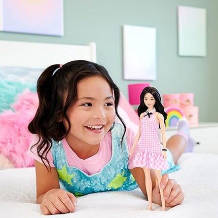 Barbie Fashionistas Doll #224 with Black Wavy Hair, Pink Gingham Dress & Accessories, 65th Anniversary Collectible Toy