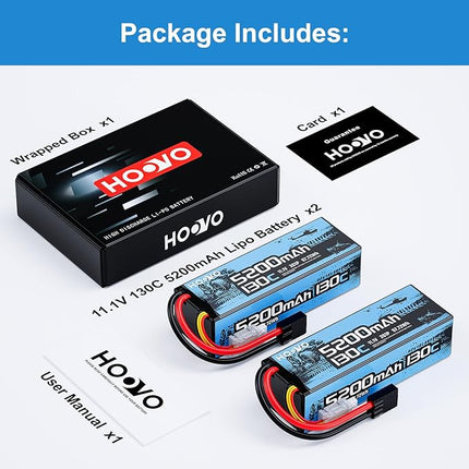 HOOVO 3S Lipo Battery,5200mAh 130C 11.1V Lipo Batteries Pack Hardcase with TR Plug,RC Battery for RC Car,Boat,Truck,Truggy Racing Hobby FPV Racing Model, 2 Pack