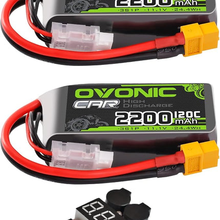 OVONIC 3S Short LiPo Battery 11.1V 2200mAh 120C with XT60 Plug for RC Car RC Truck Airplane Helicopter Boat Car Racing RC Hobby [2 Packs][77" D x 34" W x 26" H mm](with Lipo Voltage Checker)