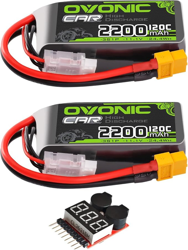 OVONIC 3S Short LiPo Battery 11.1V 2200mAh 120C with XT60 Plug for RC Car RC Truck Airplane Helicopter Boat Car Racing RC Hobby [2 Packs][77" D x 34" W x 26" H mm](with Lipo Voltage Checker)