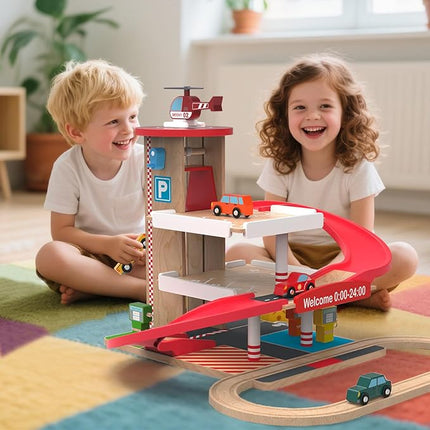 Toy Car Garage with Rails, Wooden Parking Garage Toy Playset w/Elevator, Toddler Race Car Ramp Track Toy Set with 4 Mini Cars for Old Boys and Girls Kids Ages 3+ Birthday Gift Christmas