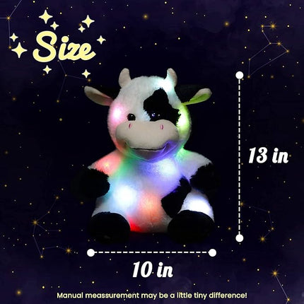 Hopearl LED Plush Cow Lighting Up Stuffed Animal Diary Cattle Floppy Night Lights Glow in The Dark Birthday Festival for Kids Toddler Girls, 13''