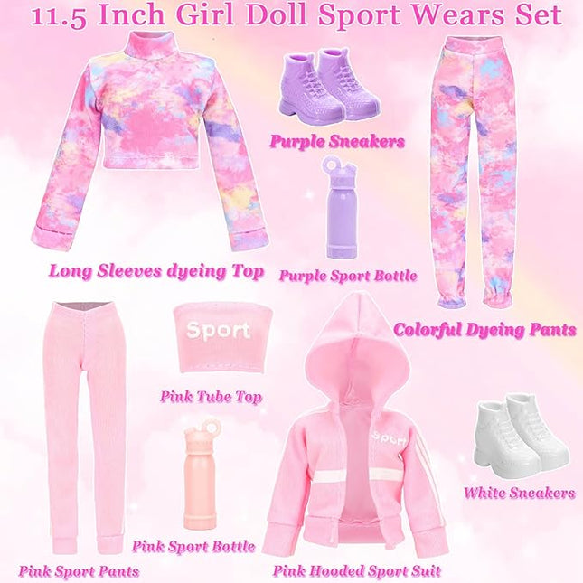24 PCS Doll Clothes & Accessories 8 Set Clothing Includes Sport Outfit, Hooded Dress, Sportsuits, Skirt, with 8 Pairs of Shoes, 8 Accessories for 11.5 Inch Girl Dolls Cool Style Set