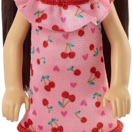 Barbie Chelsea Doll (Brunette) Wearing Ruffled Cherry-Print Dress and Black Shoes, Toy for Kids Ages 3 Years Old & Up